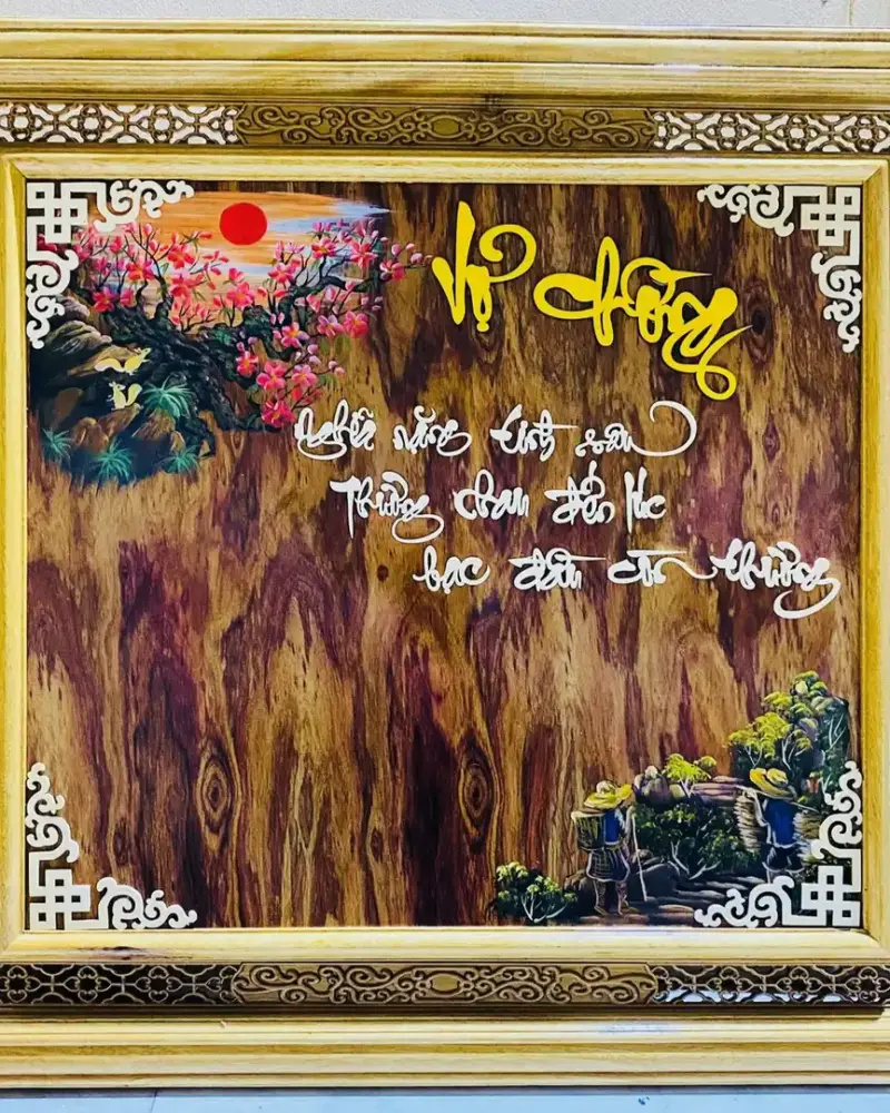 Tranh Gỗ Treo Tường Vợ Chồng, Gia Đình, Quê Hương Gỗ Sưa - Khung Gỗ Dổi Vàng 2 Khung
