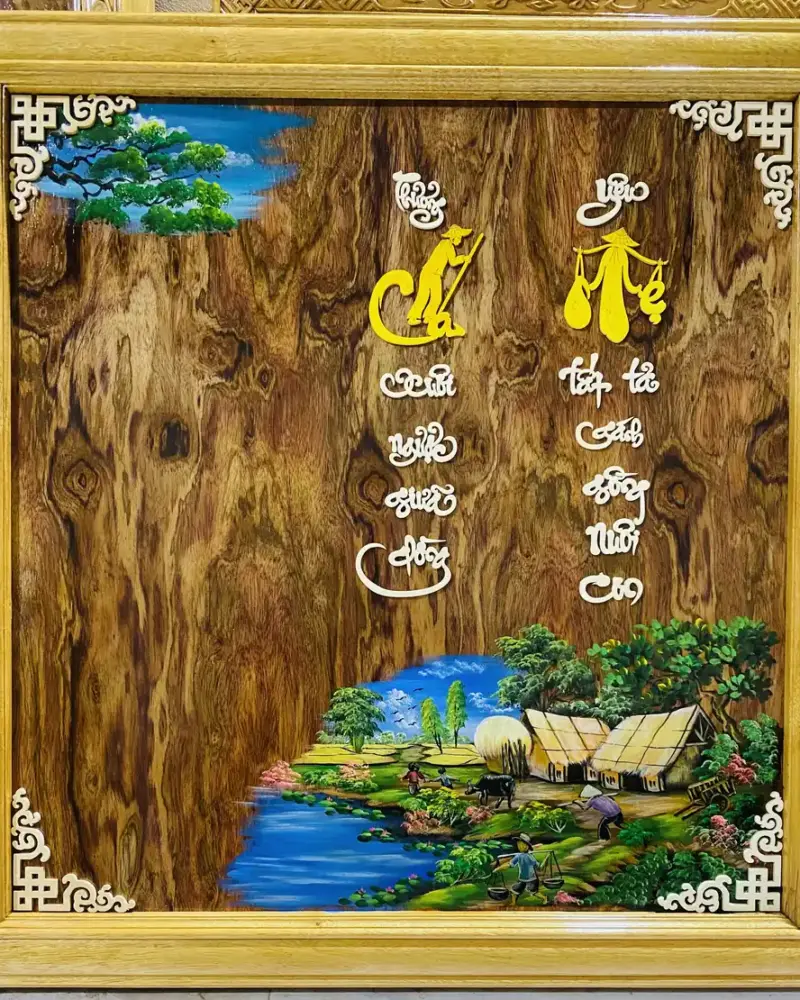 Tranh Gỗ Treo Tường Vợ Chồng, Gia Đình, Quê Hương Gỗ Sưa - Khung Gỗ Dổi Vàng