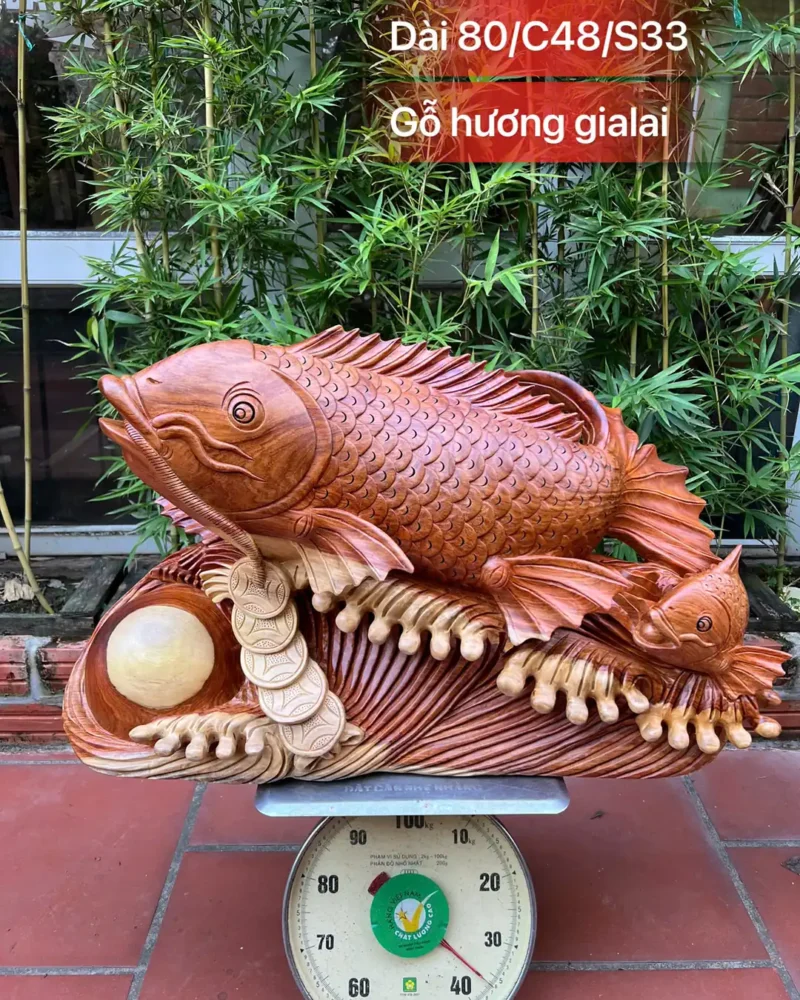 Tượng Cá Chép Mẫu Tử Gỗ Hương Ta Gia Lai Siêu To Liền Khối G5983