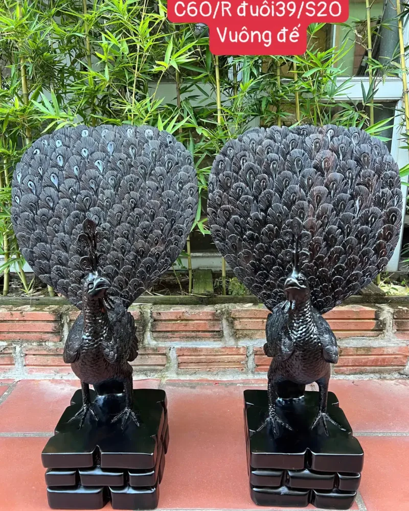 Tượng Cặp Chim Công Uyên Ương Để Bàn Tủ Kệ Gỗ Mun Hoa Hàng Kỹ Liền Khối G5863