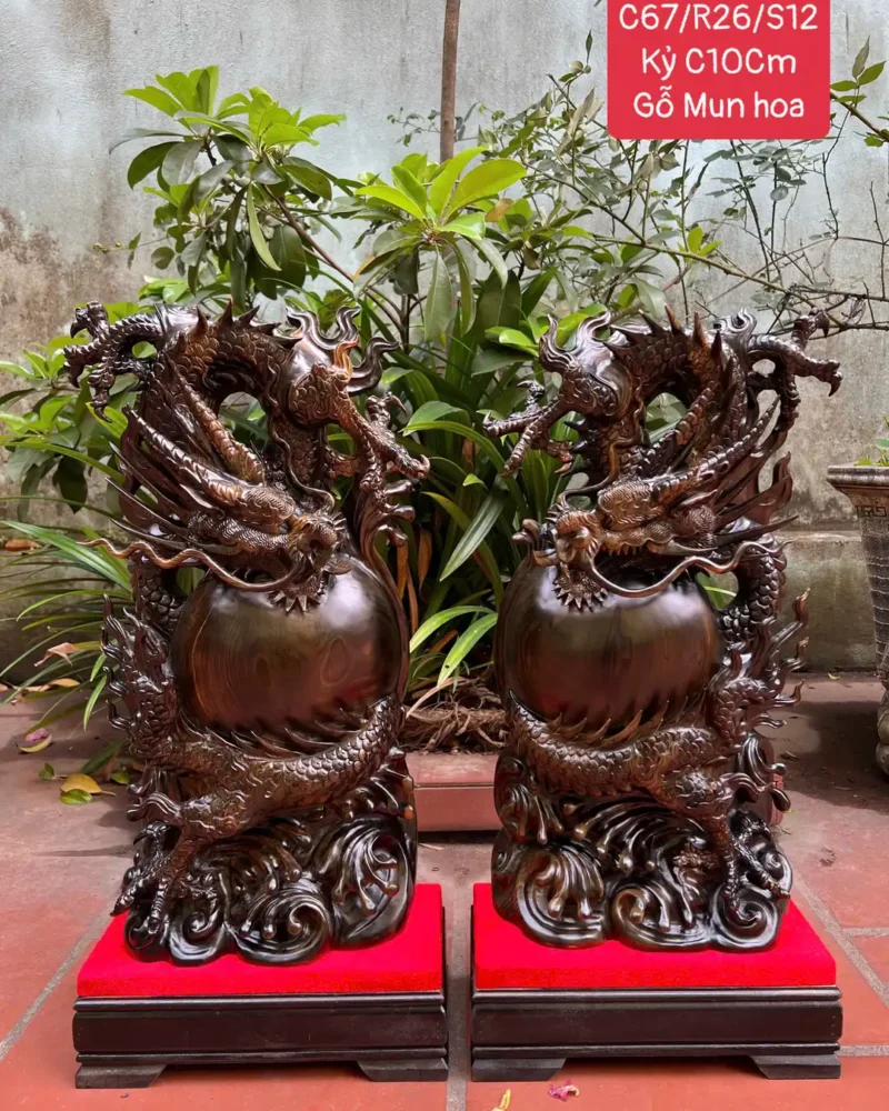 cap-rong-go-G5989-1 Tượng Cặp Rồng Gỗ Mun Hoa Liền Khối G5989