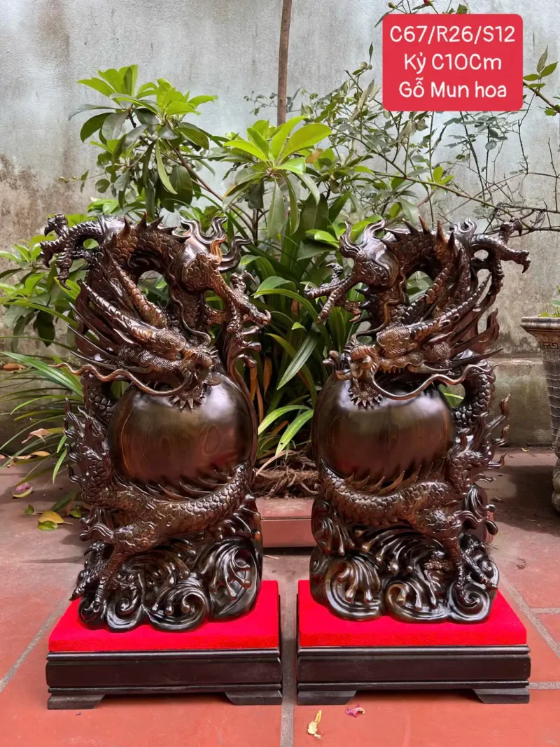cap-rong-go-G5989-1 Tượng Cặp Rồng Gỗ Mun Hoa Liền Khối G5989