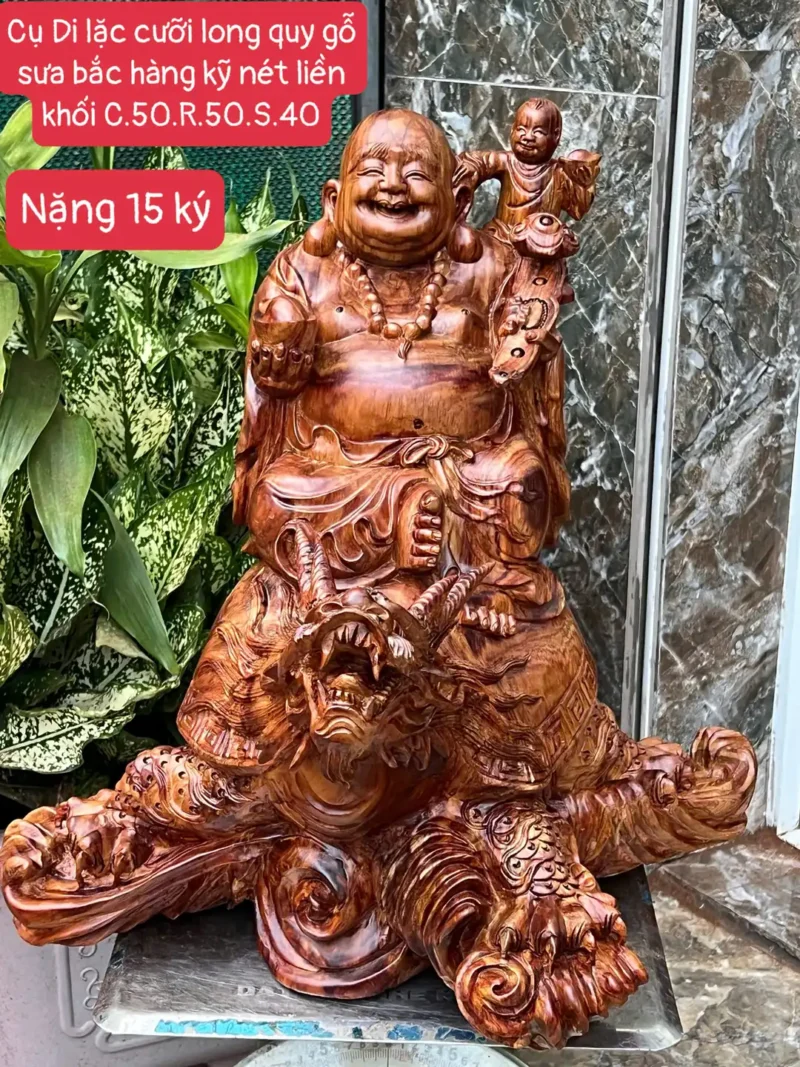 cu-di-lac-G6052-1 Tượng Cụ Di Lạc Cưỡi Long Quy Gỗ Sưa Đỏ Tía Hàng Kỹ Nét Liền Khối G6052