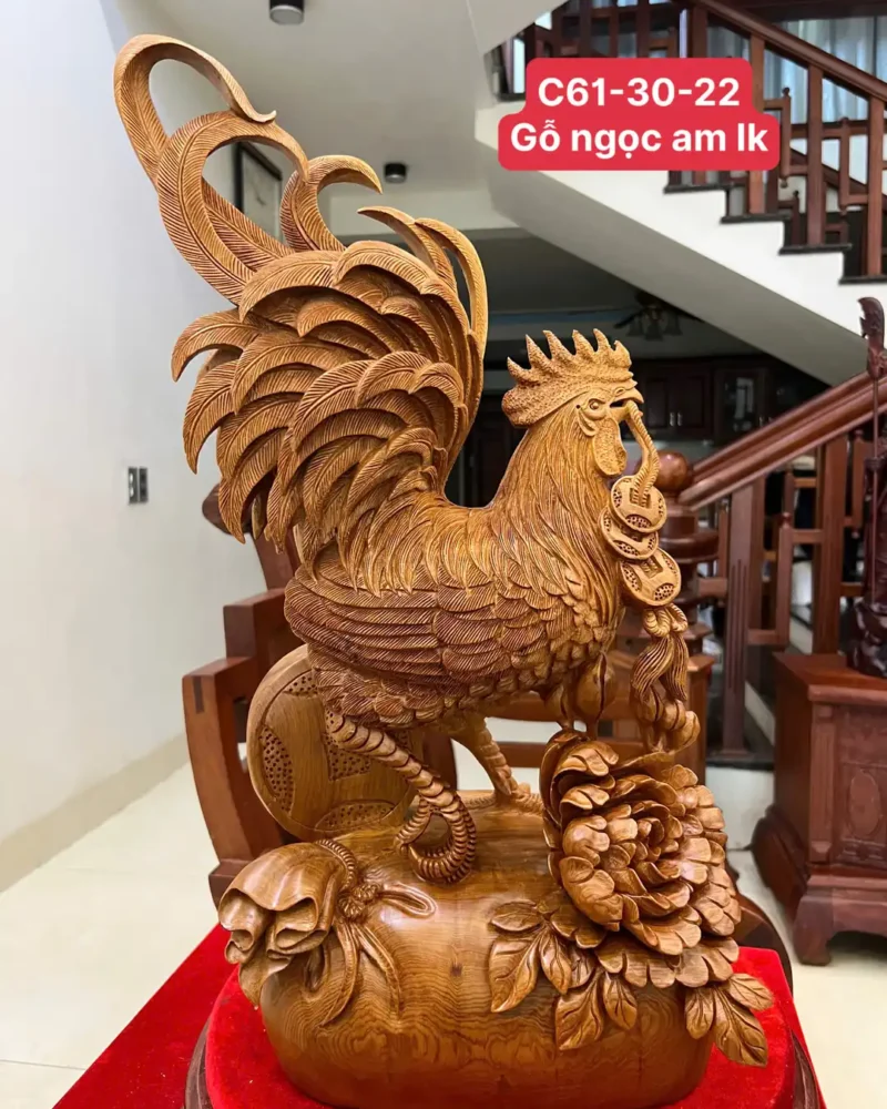ga-trong-ung-G6092-1 Tượng Gà Trống Đứng Bao Tiền Gỗ Ngọc Am Liền Đẹp G6092