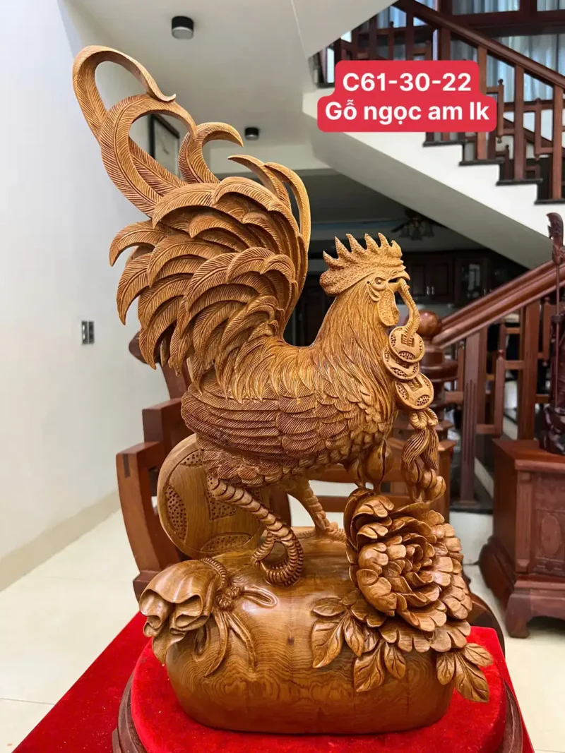 ga-trong-ung-G6092-1 Tượng Gà Trống Đứng Bao Tiền Gỗ Ngọc Am Liền Đẹp G6092