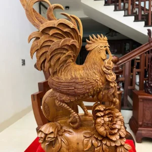 ga-trong-ung-G6092-2 Tượng Gà Trống Đứng Bao Tiền Gỗ Ngọc Am Liền Đẹp G6092