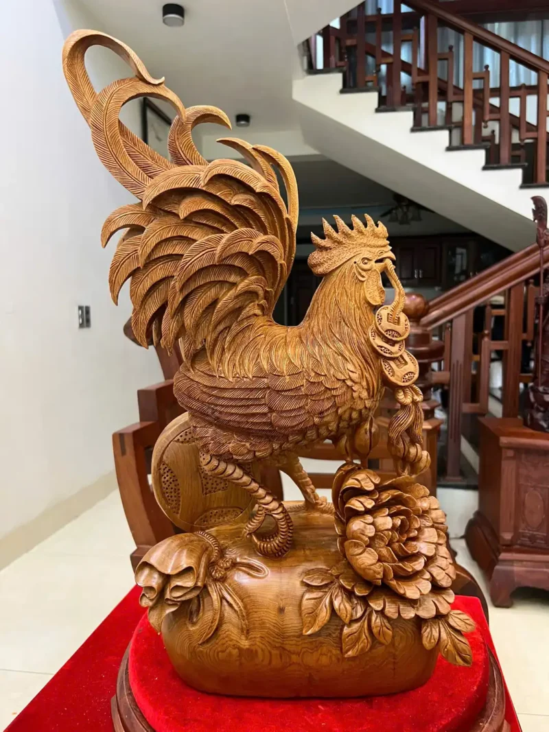 ga-trong-ung-G6092-2 Tượng Gà Trống Đứng Bao Tiền Gỗ Ngọc Am Liền Đẹp G6092