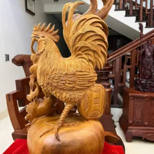 ga-trong-ung-G6092-6 Tượng Gà Trống Đứng Bao Tiền Gỗ Ngọc Am Liền Đẹp G6092