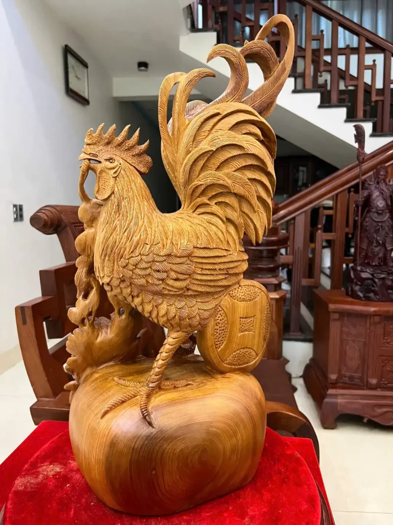 ga-trong-ung-G6092-6 Tượng Gà Trống Đứng Bao Tiền Gỗ Ngọc Am Liền Đẹp G6092