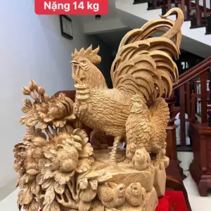 gia-inh-ga-G5764-1 Tượng Gia Đình Gà Gỗ Ngọc Am Liền Khối Hàng Nghệ Nhân Đục Kỹ Sắc Nét Có Sơn G5764