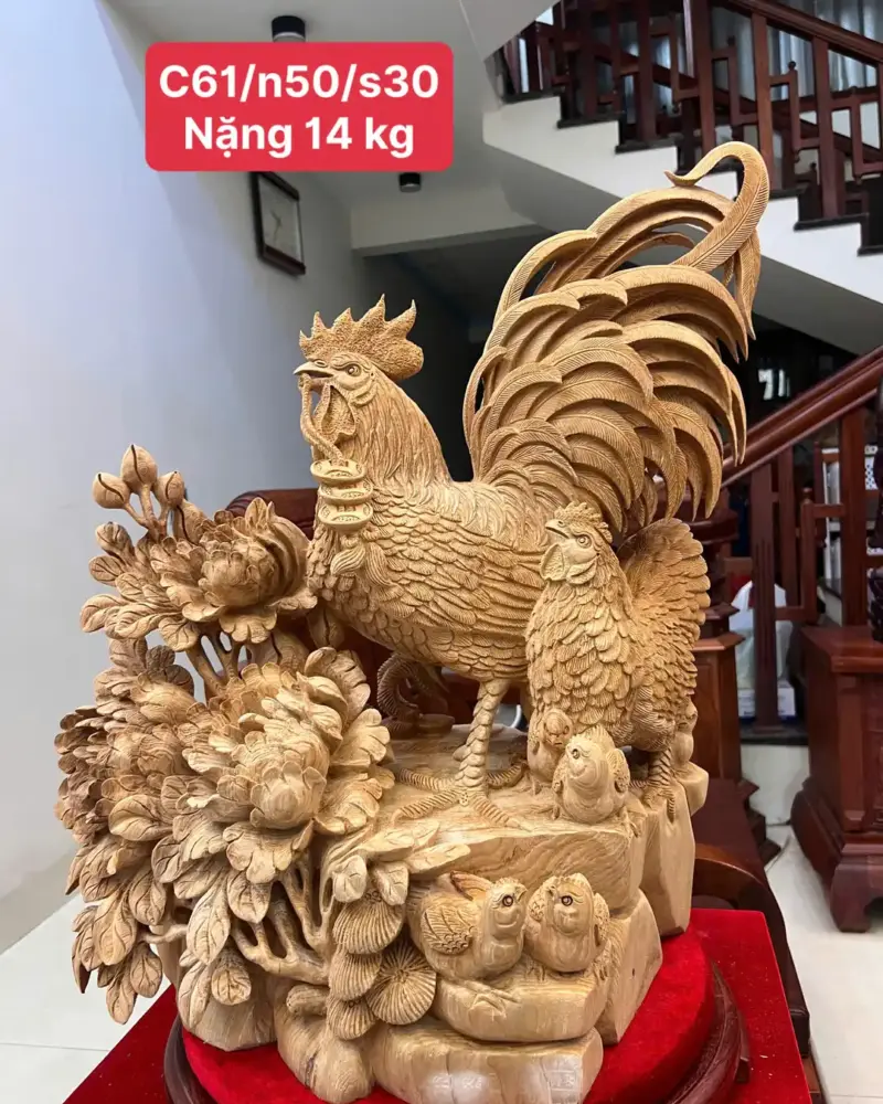 gia-inh-ga-G5764-1 Tượng Gia Đình Gà Gỗ Ngọc Am Liền Khối Hàng Nghệ Nhân Đục Kỹ Sắc Nét Có Sơn G5764