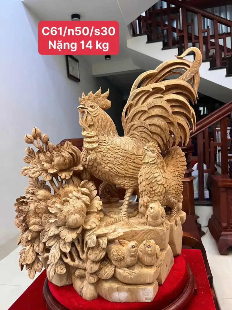 gia-inh-ga-G5764-1 Tượng Gia Đình Gà Gỗ Ngọc Am Liền Khối Hàng Nghệ Nhân Đục Kỹ Sắc Nét Có Sơn G5764