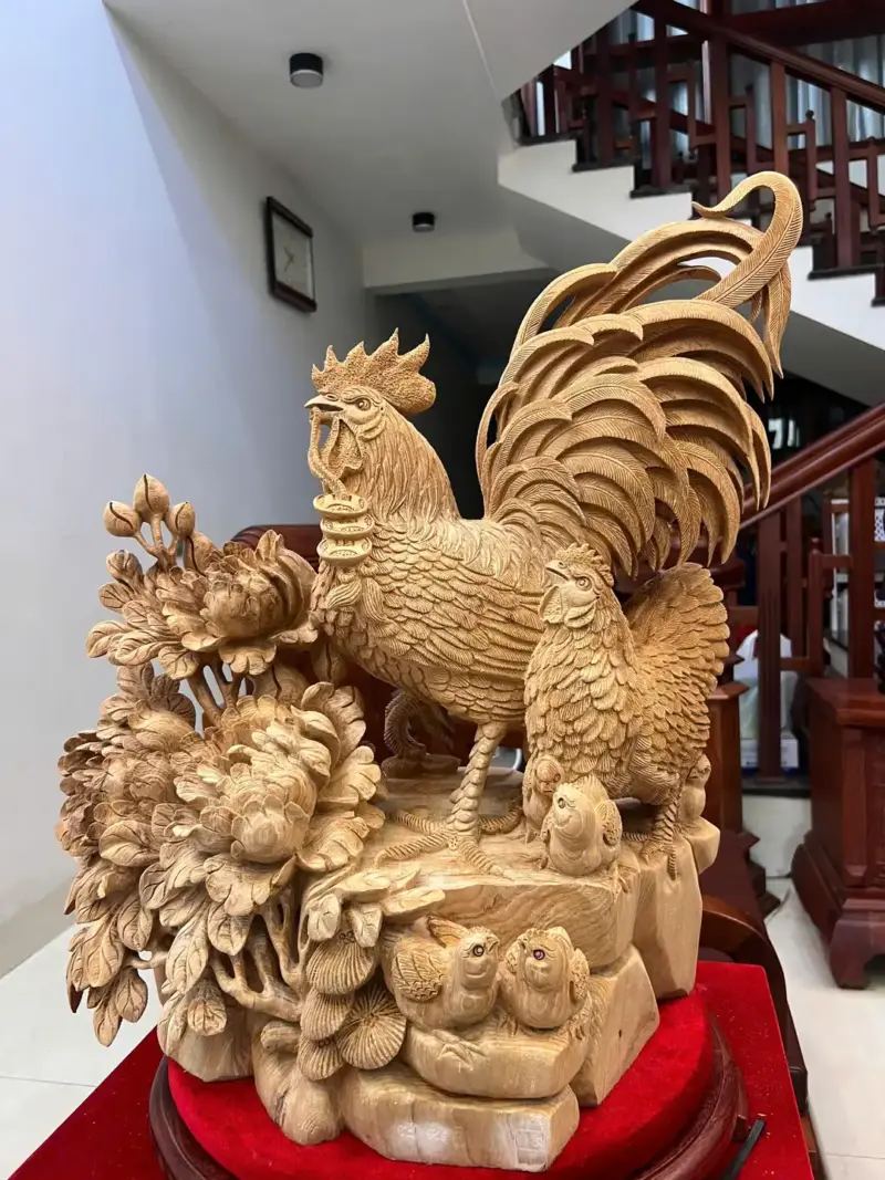 gia-inh-ga-G5764-2 Tượng Gia Đình Gà Gỗ Ngọc Am Liền Khối Hàng Nghệ Nhân Đục Kỹ Sắc Nét Có Sơn G5764