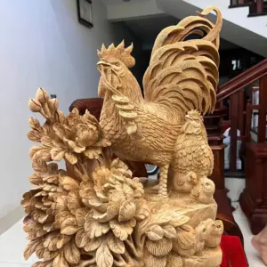 gia-inh-ga-G5764-4 Tượng Gia Đình Gà Gỗ Ngọc Am Liền Khối Hàng Nghệ Nhân Đục Kỹ Sắc Nét Có Sơn G5764