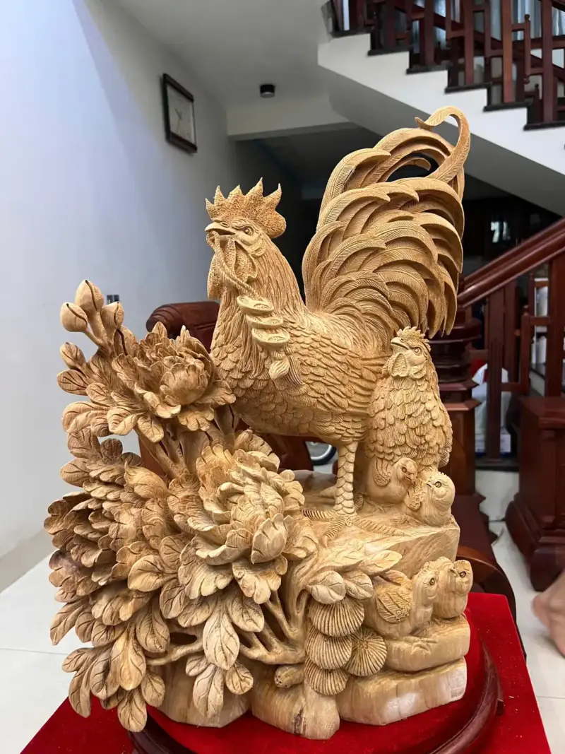 gia-inh-ga-G5764-4 Tượng Gia Đình Gà Gỗ Ngọc Am Liền Khối Hàng Nghệ Nhân Đục Kỹ Sắc Nét Có Sơn G5764