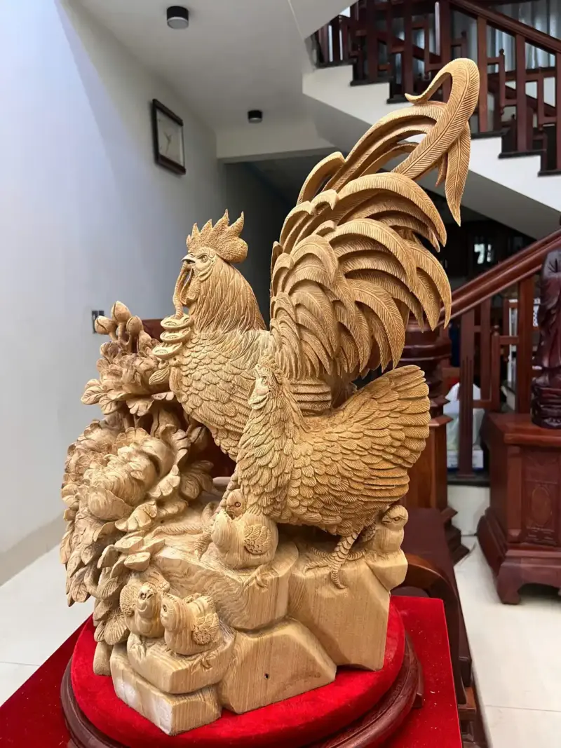 gia-inh-ga-G5764-7 Tượng Gia Đình Gà Gỗ Ngọc Am Liền Khối Hàng Nghệ Nhân Đục Kỹ Sắc Nét Có Sơn G5764
