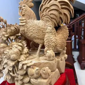 gia-inh-ga-G5764-8 Tượng Gia Đình Gà Gỗ Ngọc Am Liền Khối Hàng Nghệ Nhân Đục Kỹ Sắc Nét Có Sơn G5764