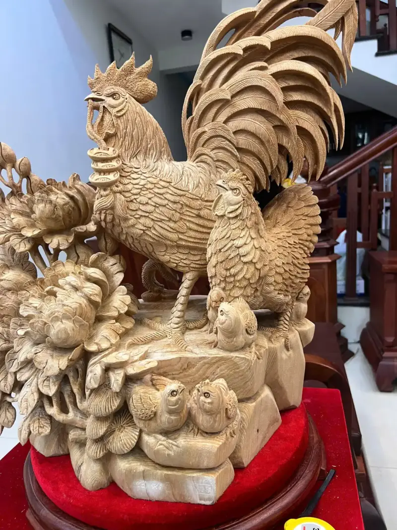 gia-inh-ga-G5764-8 Tượng Gia Đình Gà Gỗ Ngọc Am Liền Khối Hàng Nghệ Nhân Đục Kỹ Sắc Nét Có Sơn G5764