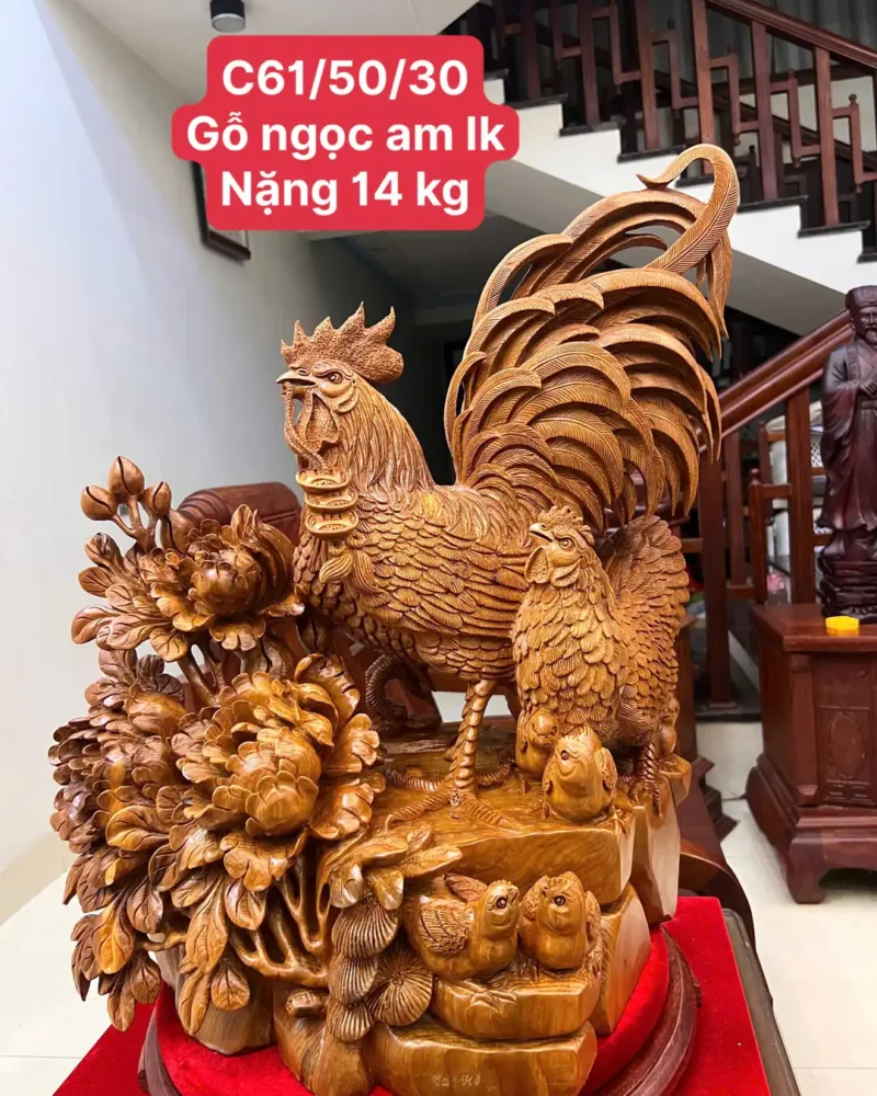 gia-inh-ga-G6002-1 Tượng Gia Đình Gà Gỗ Ngọc Am Liền Khối Hàng Nghệ Nhân Tắc Kê Đục Kỹ Sắc Nét G6002