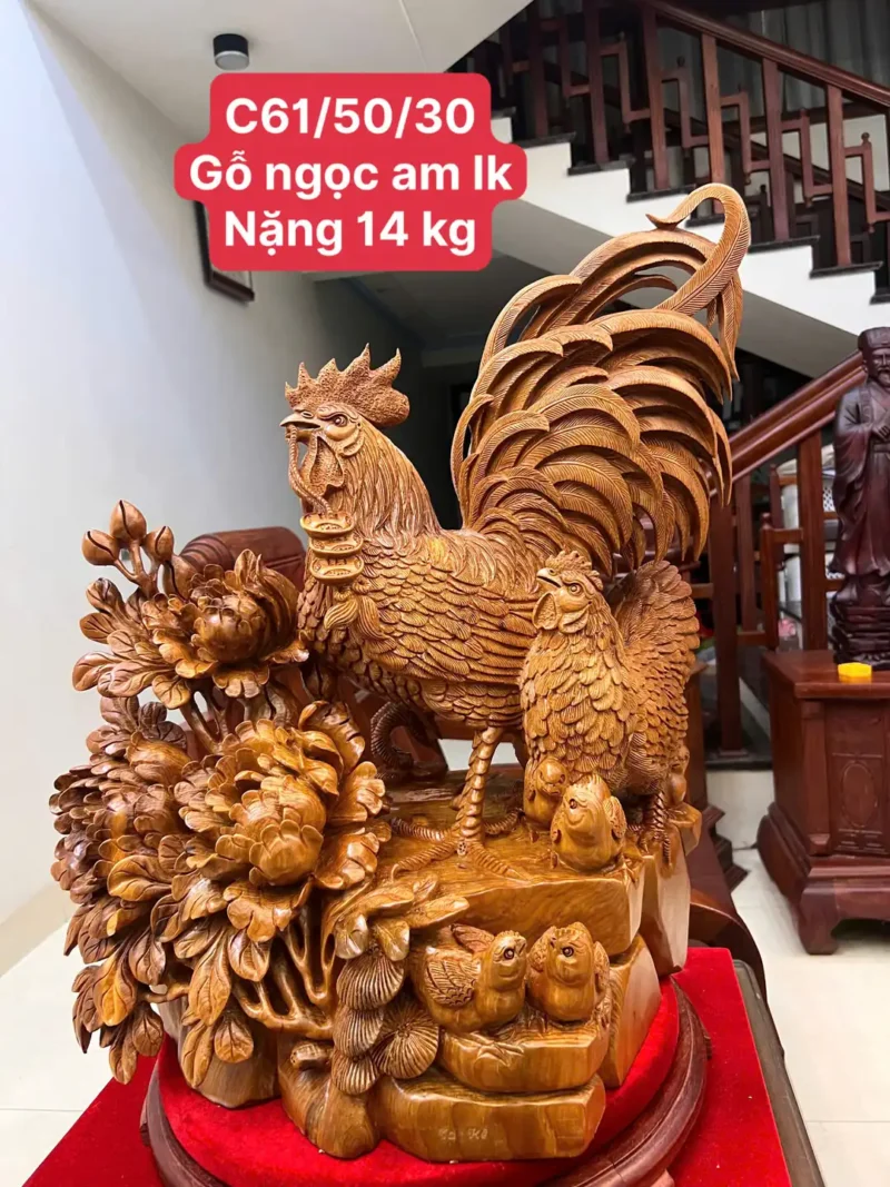 gia-inh-ga-G6002-1 Tượng Gia Đình Gà Gỗ Ngọc Am Liền Khối Hàng Nghệ Nhân Tắc Kê Đục Kỹ Sắc Nét G6002