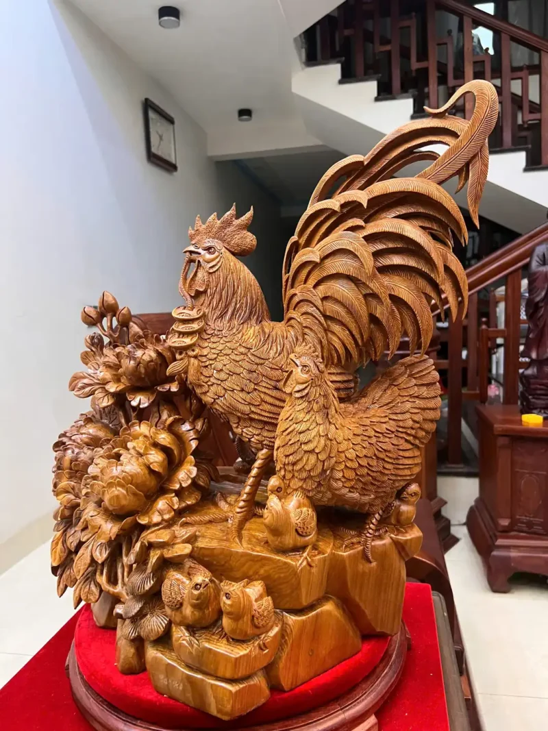 gia-inh-ga-G6002-2 Tượng Gia Đình Gà Gỗ Ngọc Am Liền Khối Hàng Nghệ Nhân Tắc Kê Đục Kỹ Sắc Nét G6002