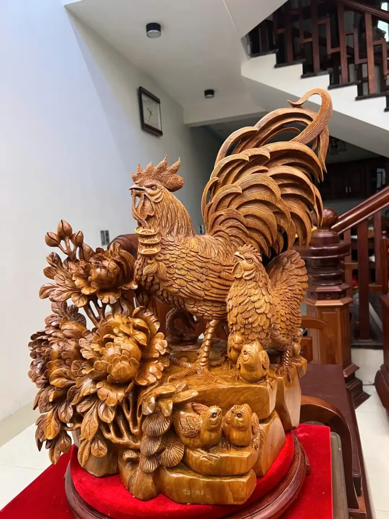 gia-inh-ga-G6002-3 Tượng Gia Đình Gà Gỗ Ngọc Am Liền Khối Hàng Nghệ Nhân Tắc Kê Đục Kỹ Sắc Nét G6002
