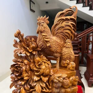 gia-inh-ga-G6002-4 Tượng Gia Đình Gà Gỗ Ngọc Am Liền Khối Hàng Nghệ Nhân Tắc Kê Đục Kỹ Sắc Nét G6002