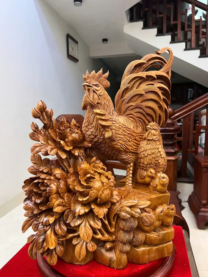 gia-inh-ga-G6002-4 Tượng Gia Đình Gà Gỗ Ngọc Am Liền Khối Hàng Nghệ Nhân Tắc Kê Đục Kỹ Sắc Nét G6002