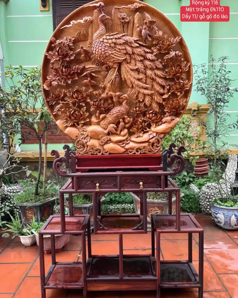 Tượng Đĩa Tranh Chim Công Uyên Ương Hàng Đục Tay Kỹ Sắc Nét Gỗ Gõ Đỏ Hàng Liền Nguyên Tấm G5363