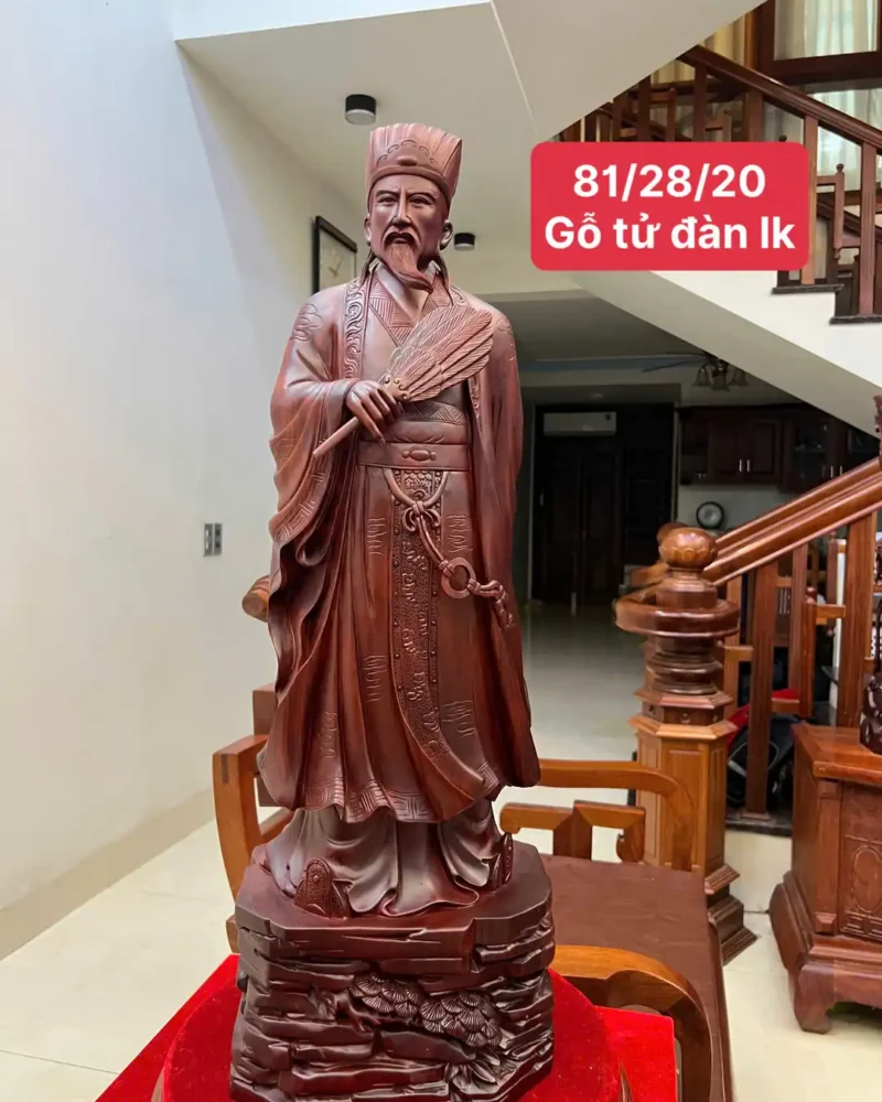 Tượng Khổng Minh Gỗ Tử Đàn Liền Khối G6010