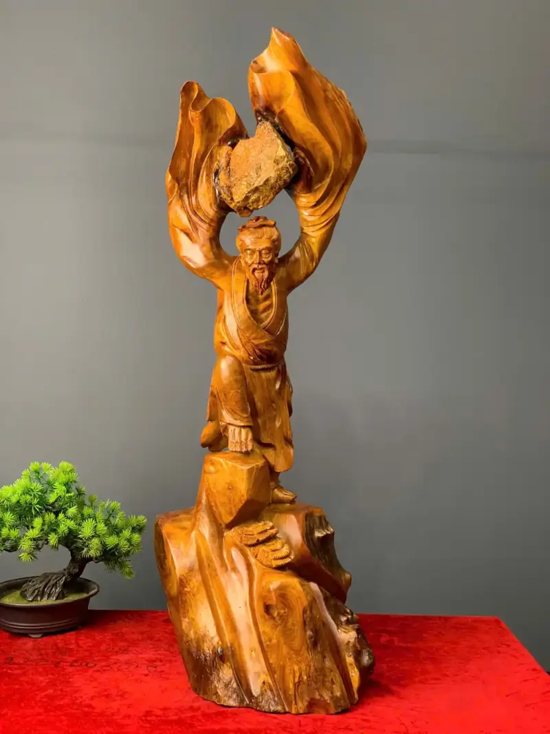 ong-lao-vac-a-go-huong-ta-G5452-1 Tượng Ông Lão Vác Đá Gỗ Hương Ta Liền Khối G5452