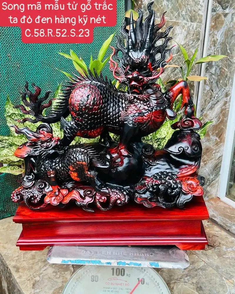 Tượng Song Mã Mẫu Tử Gỗ Trắc Ta Đỏ Đen Hàng Kỹ Nét G5705